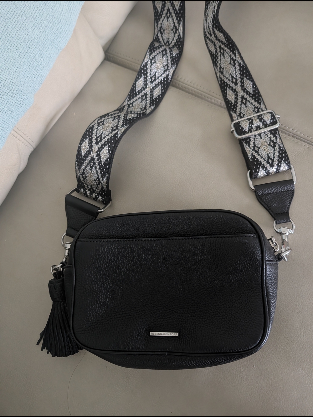 Rebecca Minkoff Black Pebbled Leather Crossbody with Logo Plaque